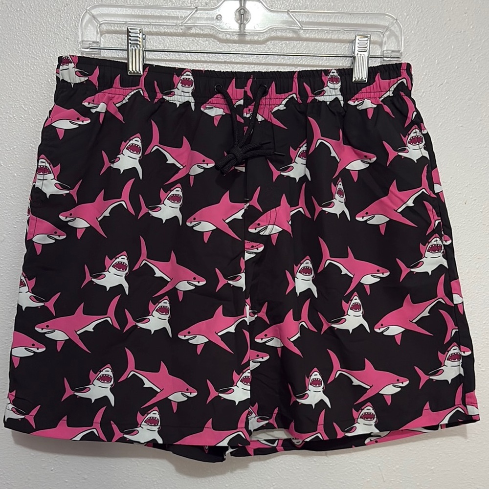 Men’s Black Swim Trunks with Pink Sharks
